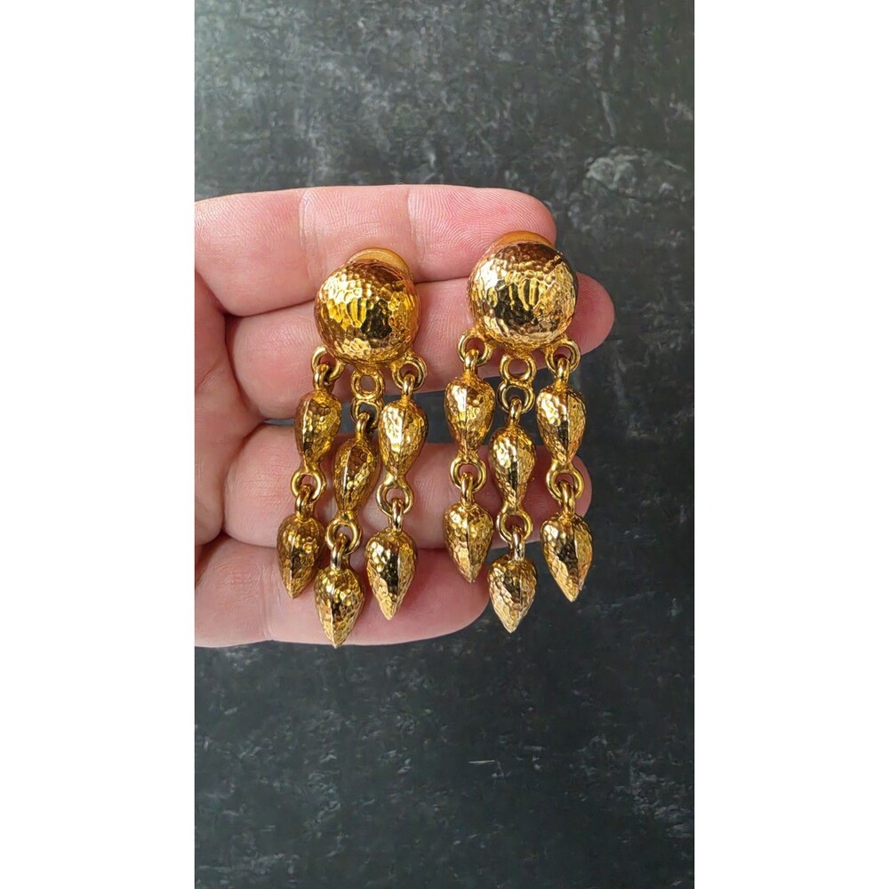 Dangling Gold Tone Metal Beaded Pierced Earrings Vintage Costume Jewelry